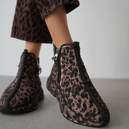 Women's Leopard Print Rhinestone Warm Casual Boots