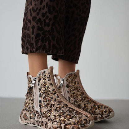 Women's Leopard Print Rhinestone Warm Casual Boots