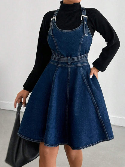 Cotton-lined Solid Denim Vest Mini Dress