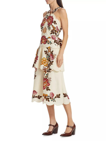 Printed Halter Neck Cut-out Midi Dress