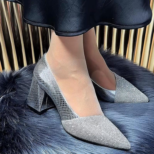 Women's Chunky High Heel Rhinestone Leather Shoes