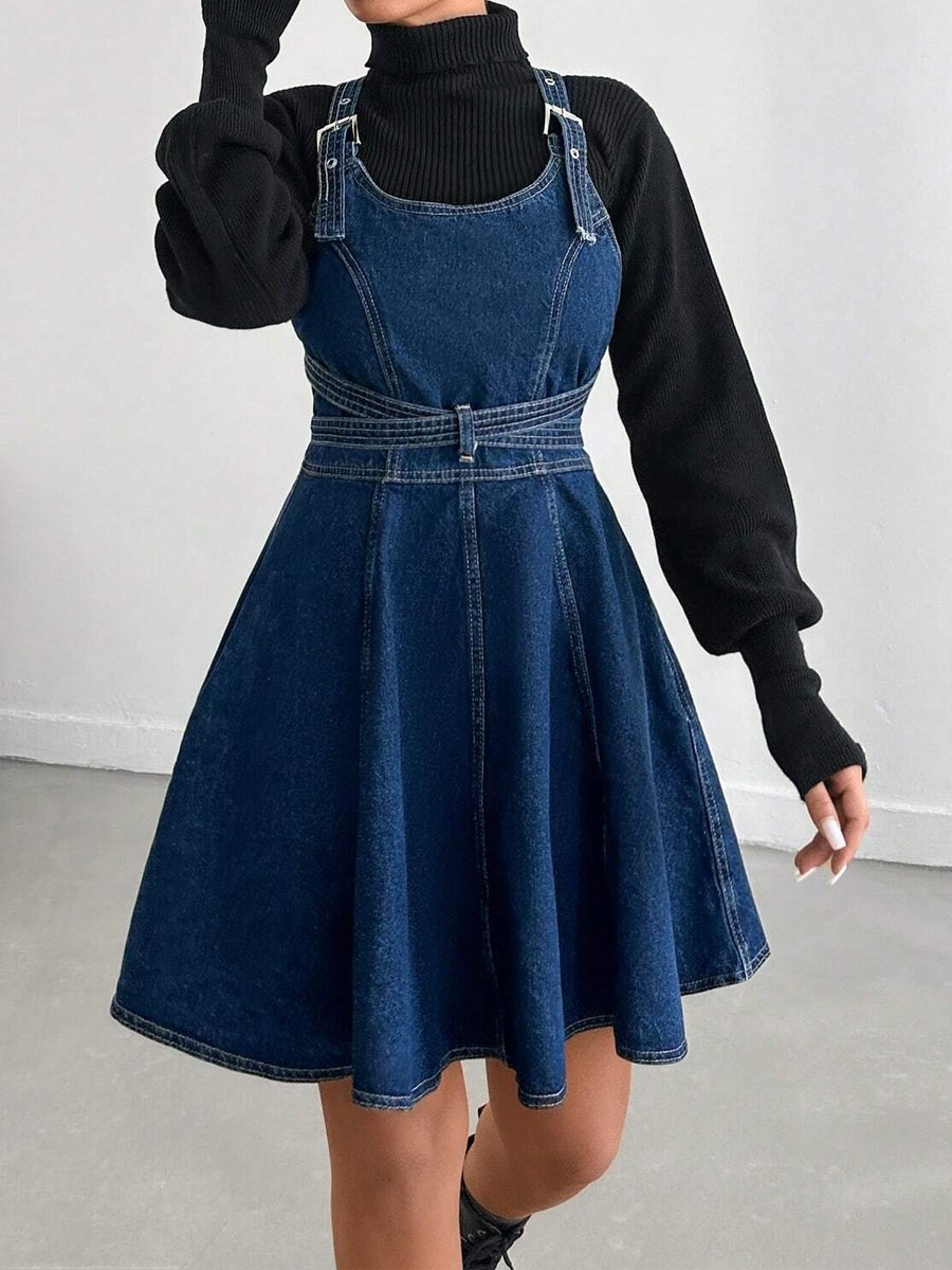 Cotton-lined Solid Denim Vest Mini Dress