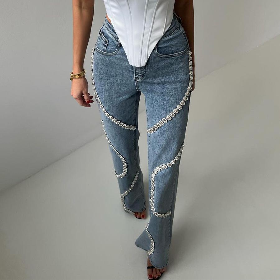 Wrap Around Rhinestone Relaxed Straight Jeans