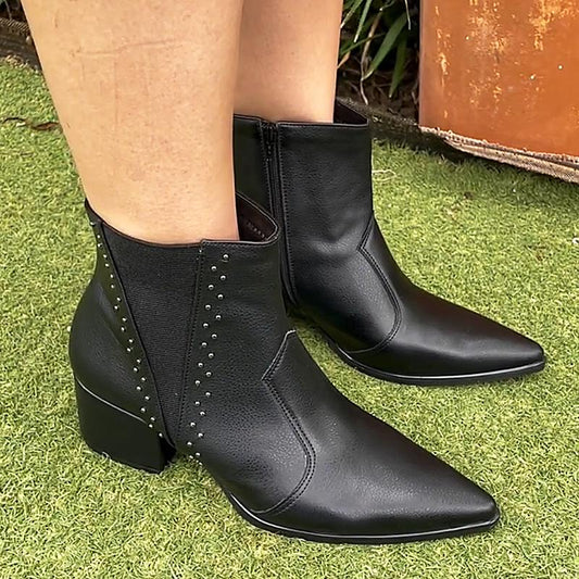 Black Leather Patchwork Studded Women's Boots