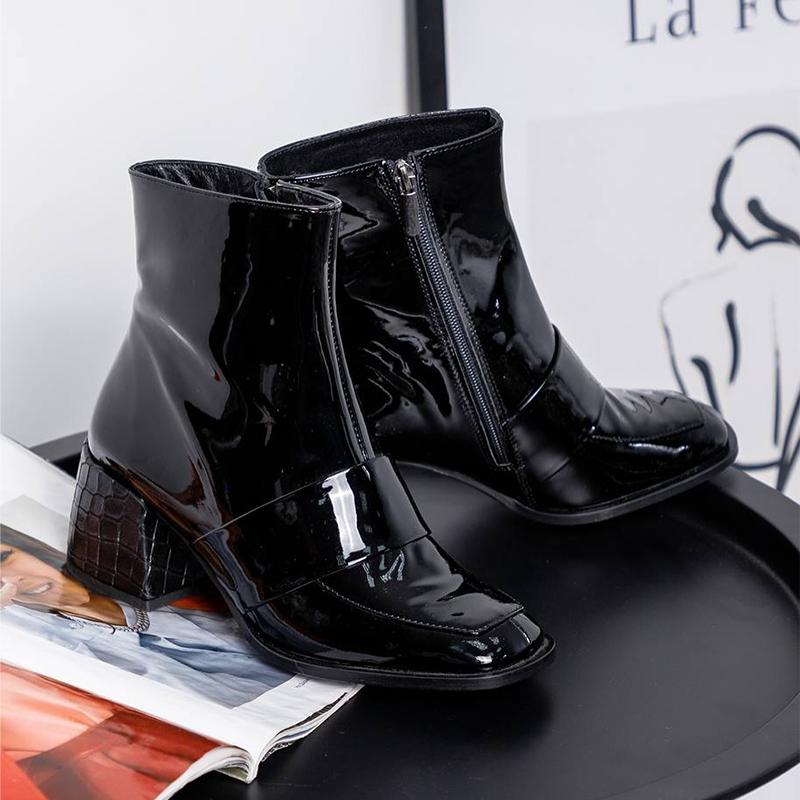 Black Patent Leather Square Toe Women's Boots