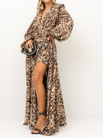 Leopard Print V-Neck Loose Maxi Dress