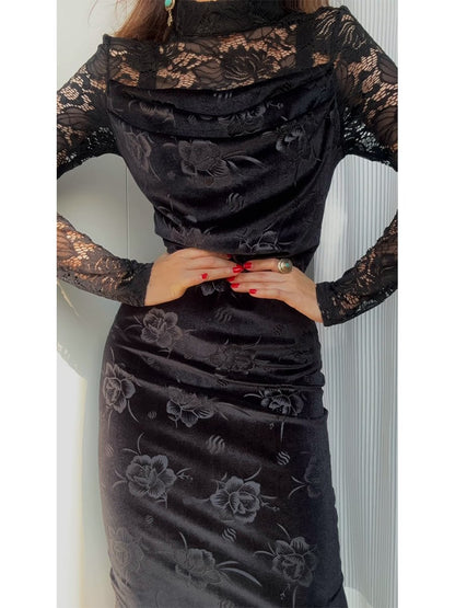 Lace Patchwork Velvet Embroidered Midi Dress