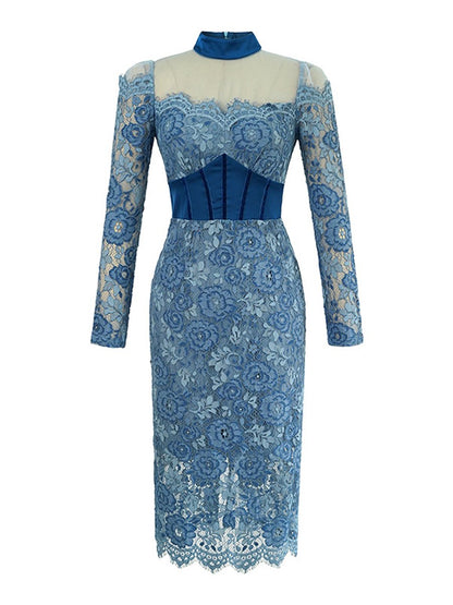 Elegant Blue Lace Floral Midi Dress