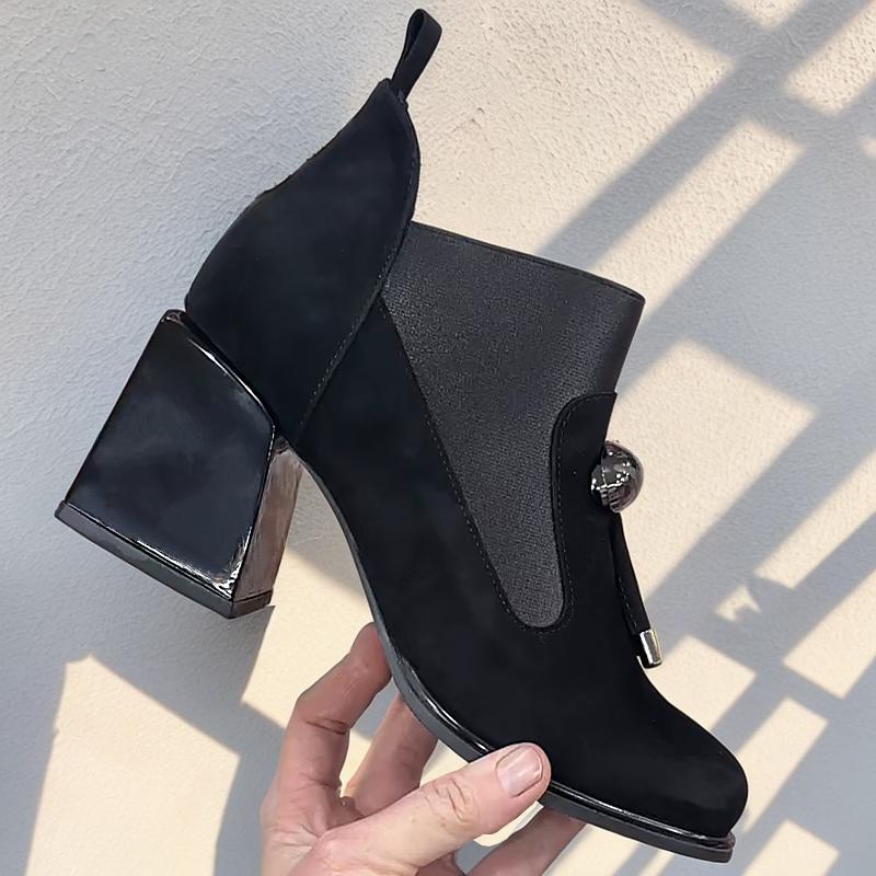 Women's Black Suede Chunky Heel Ankle Boots