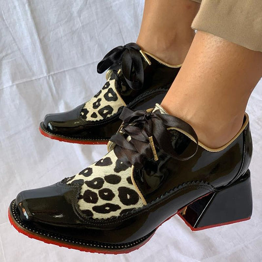 Women's Leather Leopard Print Chunky Heel Shoes