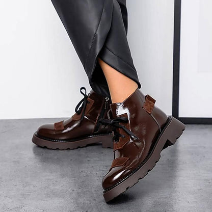 Women's Coffee Patent Leather Lace-Up Boots