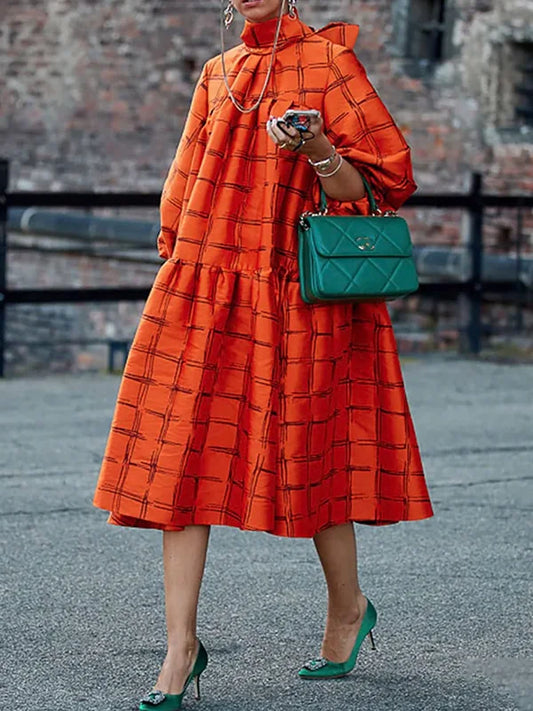 Loose Puff Sleeves Plaid High-Neck Midi Dresses