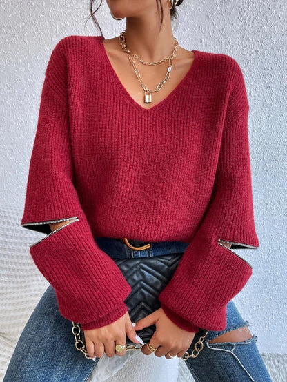 Red Plain Long Sleeve Sweater