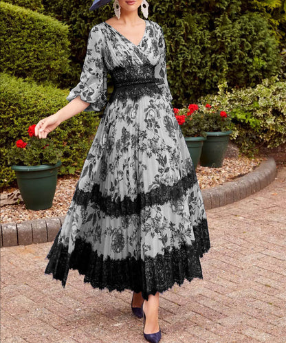 Vintage printed v-neck maxi dress