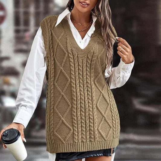 Brown Plain Sleeveless V-Neck Vest