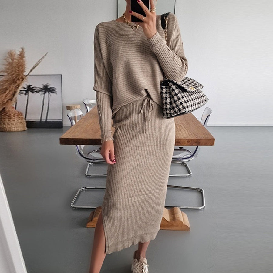 Khaki Plain Two Piece Midi Sweater Dress