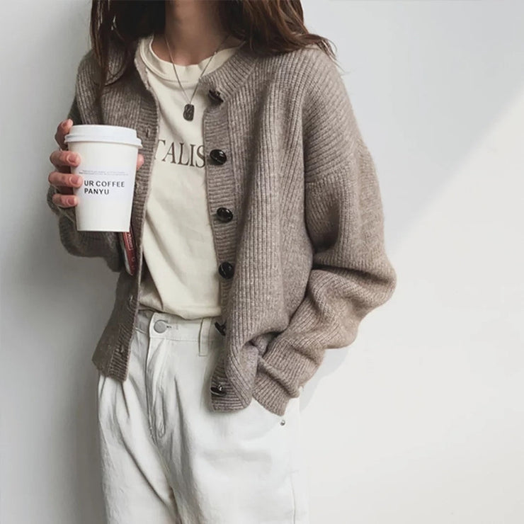 Brown Plain Long Sleeve Sweater
