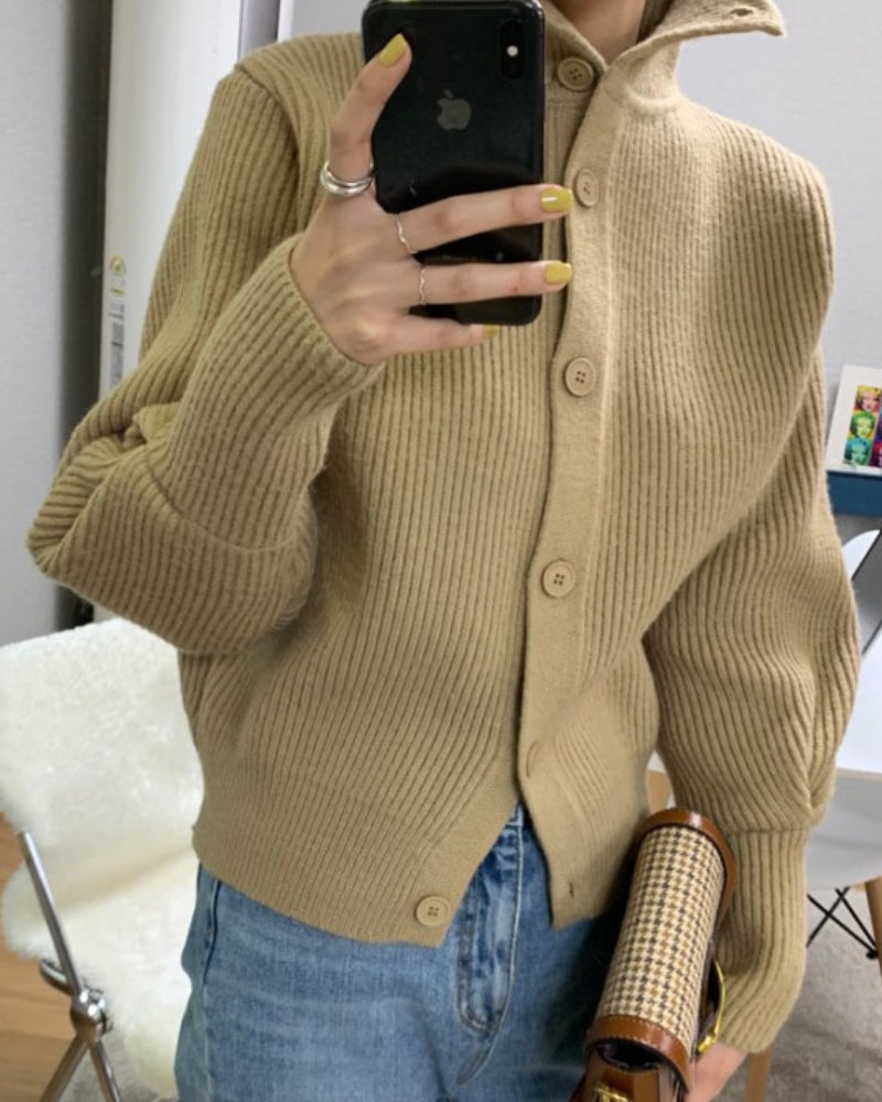 Khaki Buttons Down Plain Sweater
