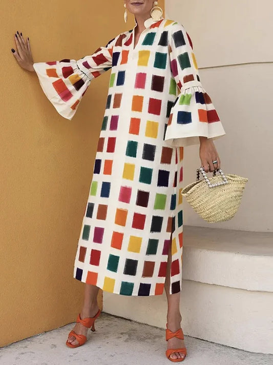 Original Flared Sleeves Split-Joint Multi-Colored Plaid Midi Dress