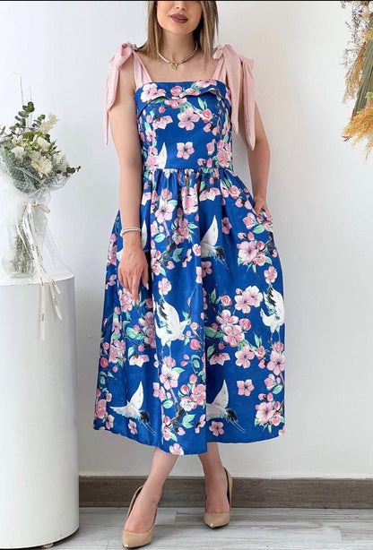 Square-neck Printed Sleeveless Midi Dress