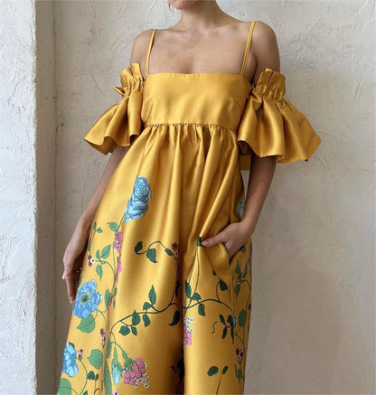 Gold Floral Classical Maxi Dress