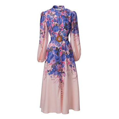 Loose Printed Lantern-sleeve Dress