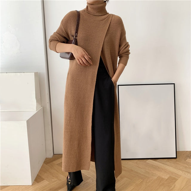 Brown Plain High Neck Sweater