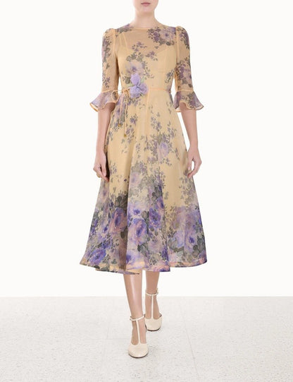 Three-Dimensional Floral Belt Silk Dress