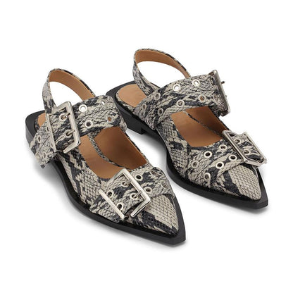 Snake Printed Chunky Buckle Ballerinas