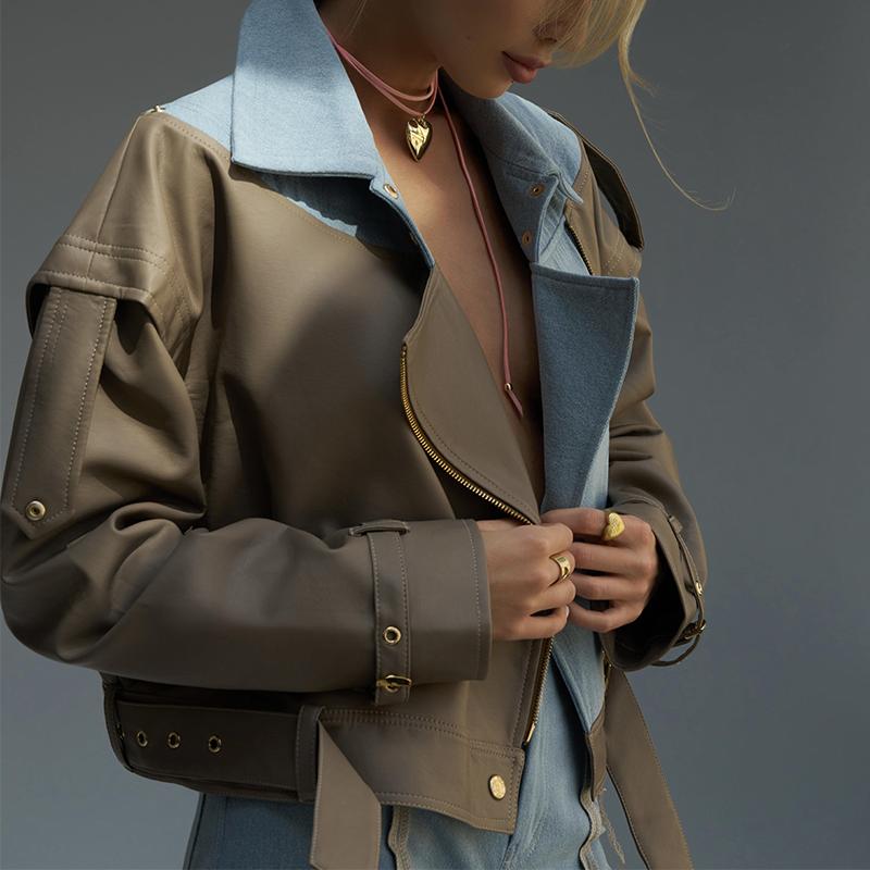 Denim PU Leather Irregular Stitching Jacket