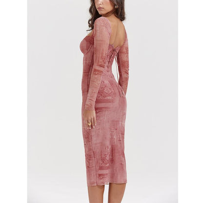 Pink Print Corset Midi Dress