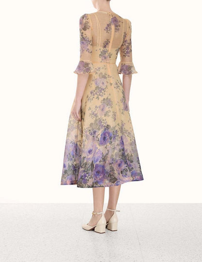 Three-Dimensional Floral Belt Silk Dress