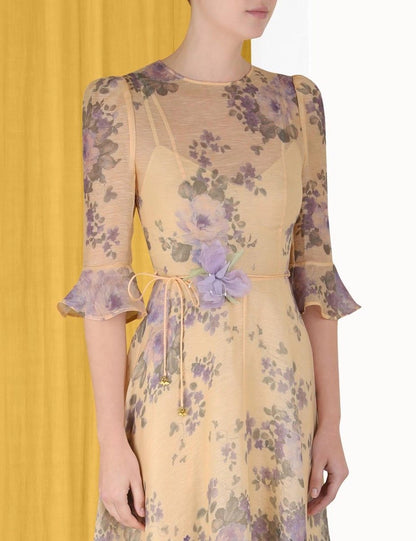 Three-Dimensional Floral Belt Silk Dress
