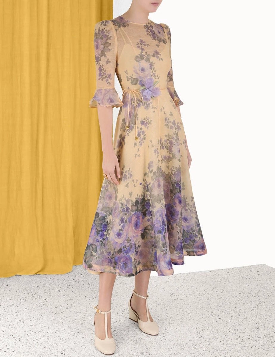 Three-Dimensional Floral Belt Silk Dress