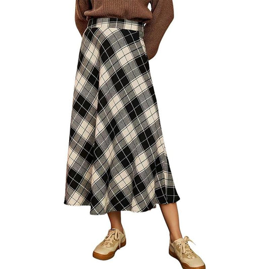 Womens High Elastic Waist Maxi Skirt A-line Plaid Skirt