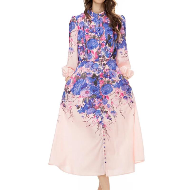 Loose Printed Lantern-sleeve Dress