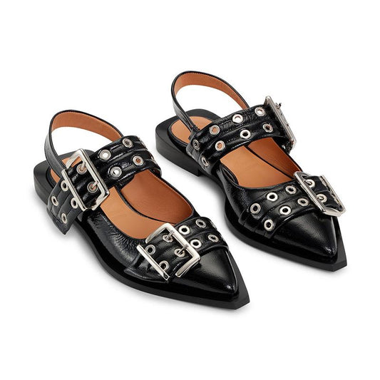 Black Wide Welt Buckle Ballerinas