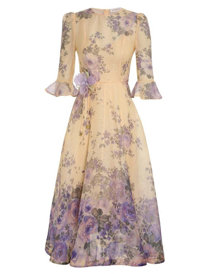 Three-Dimensional Floral Belt Silk Dress